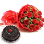 10 Red Roses with 500g Chocolate Cake