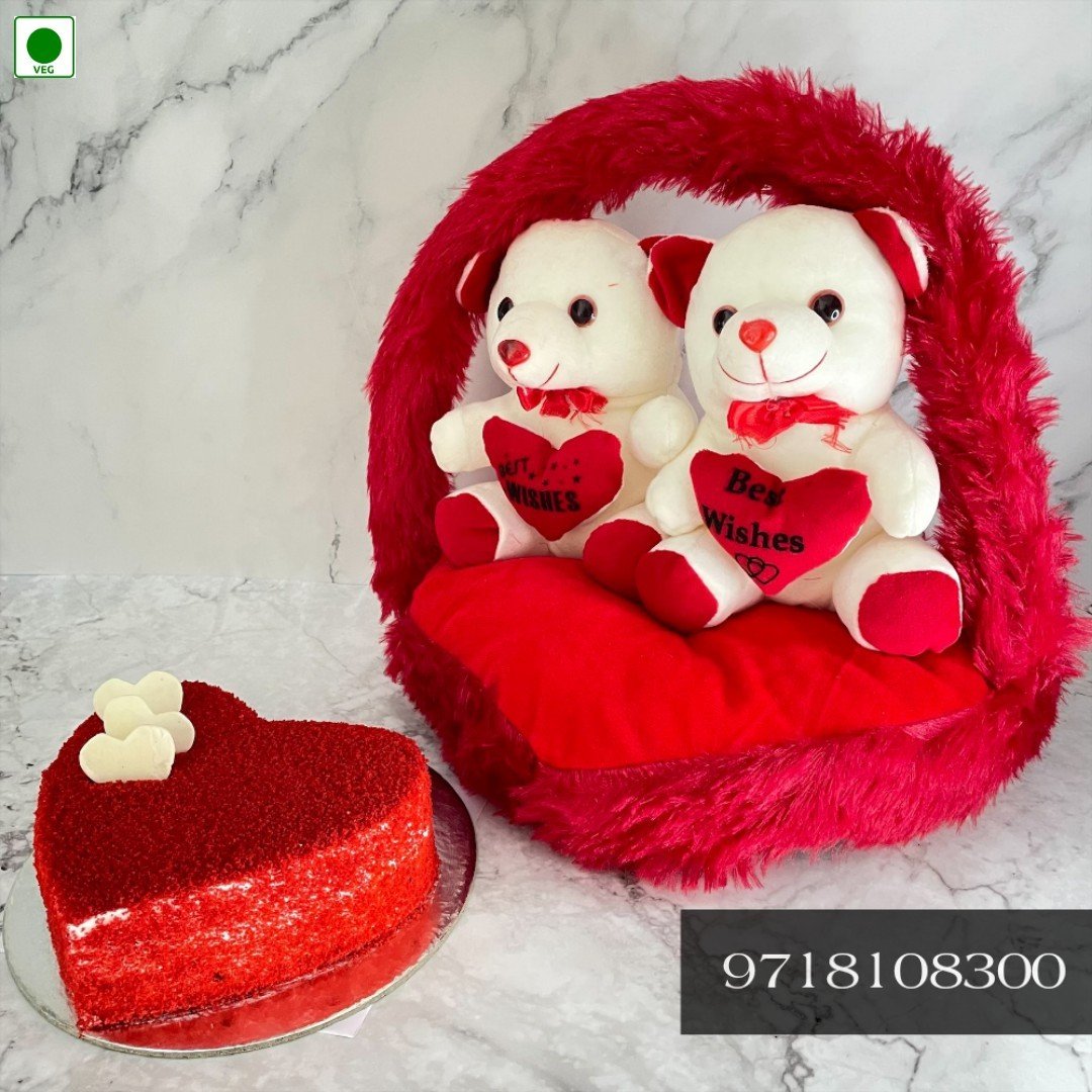 Teddy Couple and Red Velvet Heart Cake